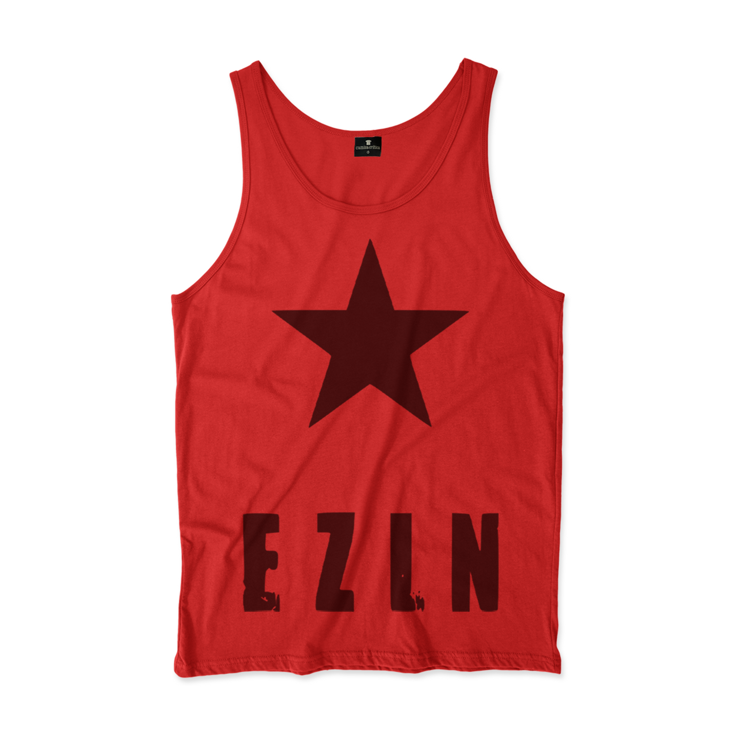 Camiseta Regata. Estampa: Texto escrito EZLN(Exército Zapatista de Libertação Nacional) com uma estrela acima.