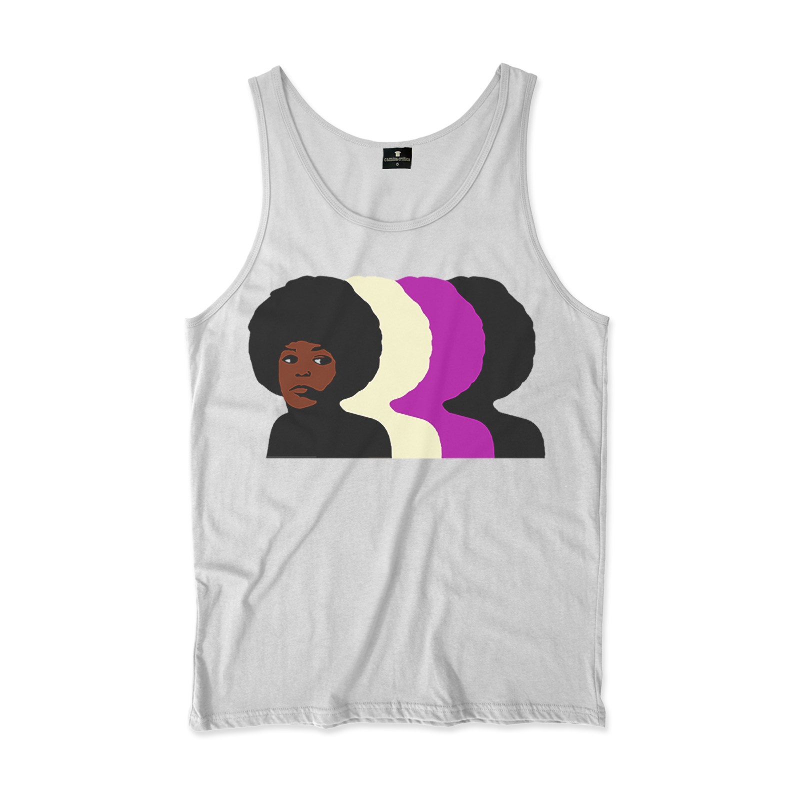 Camiseta Regata. Estampa: Angela davis de perfil com três cópias coloridas do seu perfil por trás 1a direita.