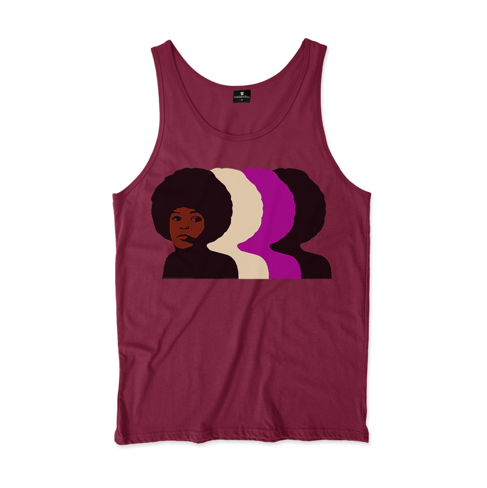 Camiseta Regata. Estampa: Angela davis de perfil com três cópias coloridas do seu perfil por trás 1a direita.