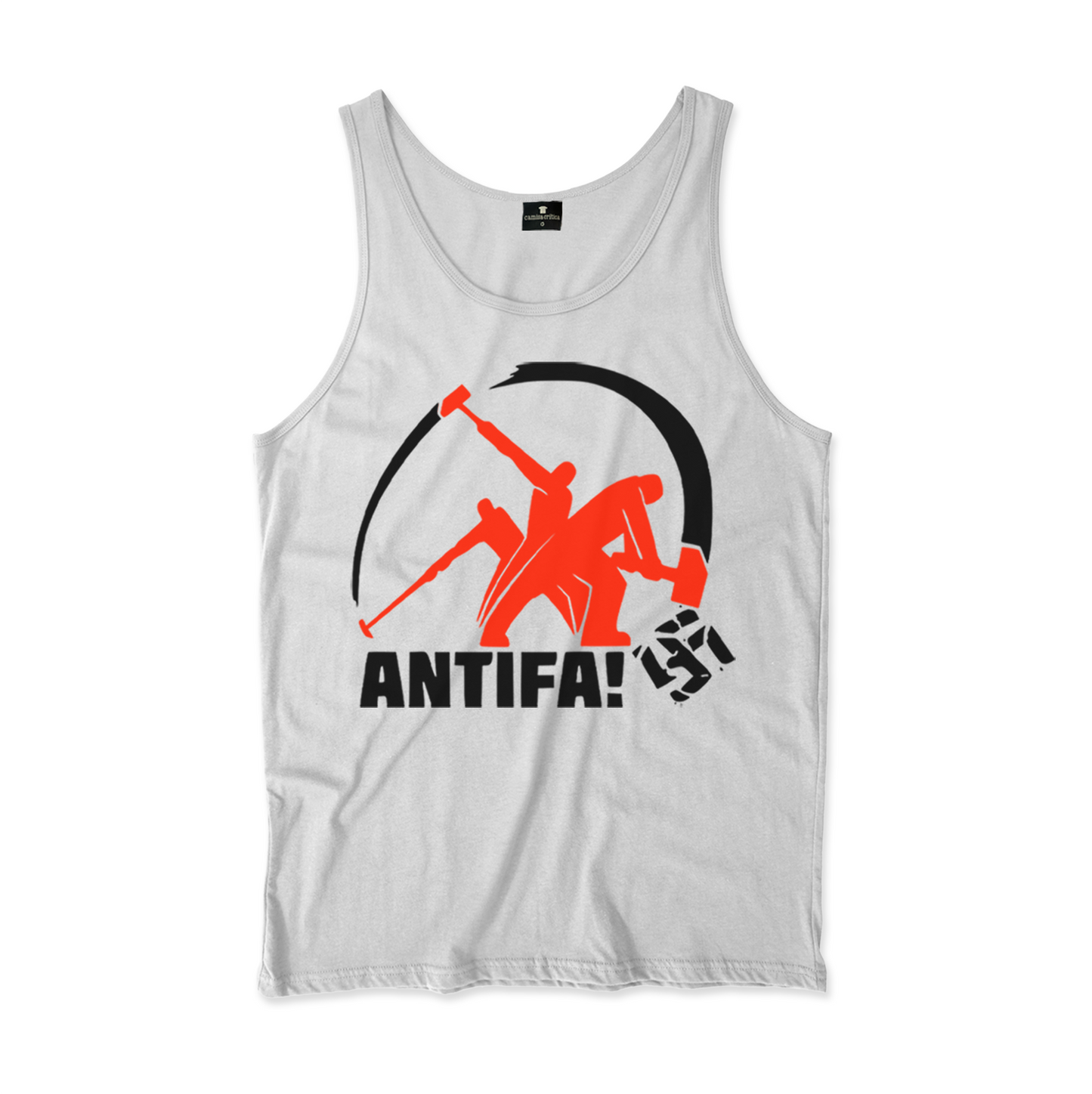 Camiseta Regata. Estampa: Imagem sequência de uma marretada num suástica com o texto ANTIFA! abaixo