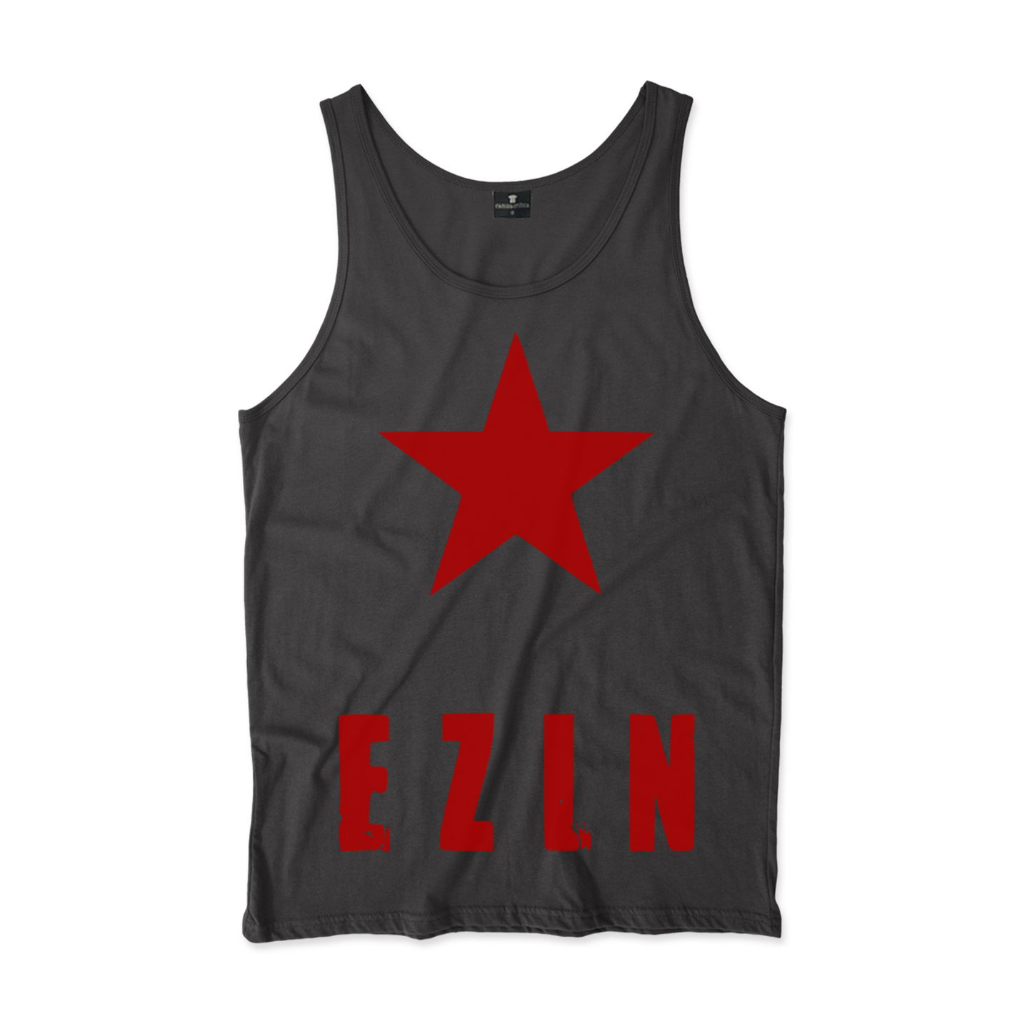 Camiseta Regata. Estampa: Texto escrito EZLN(Exército Zapatista de Libertação Nacional) com uma estrela acima.