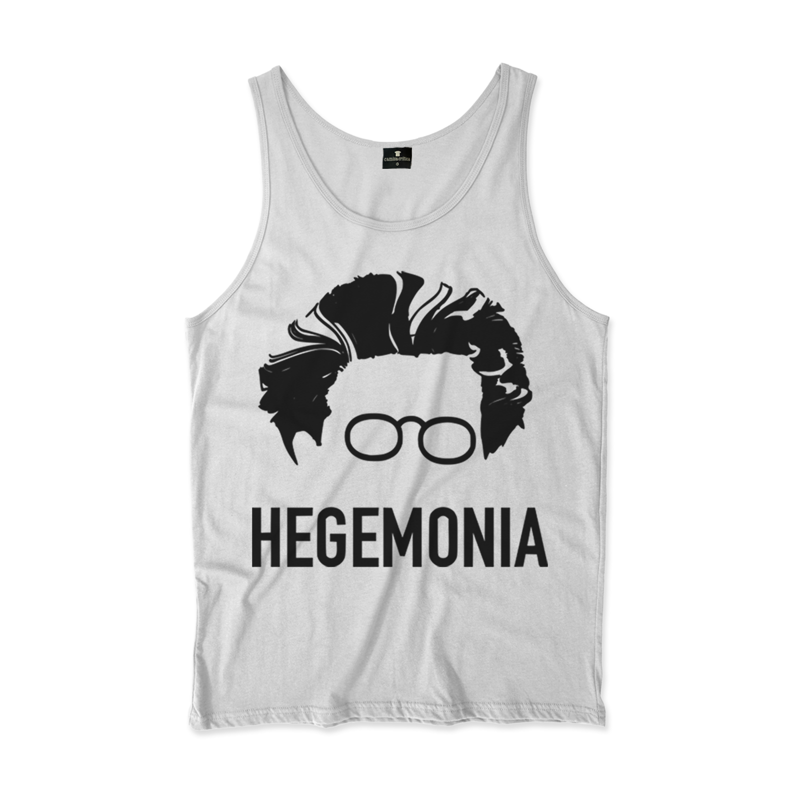 Camiseta Regata estampa: Cara de Antonio Gramsci desenhada apenas com o cabelo e seu óculos redondos. Abaixo está escrito: HEGEMONIA