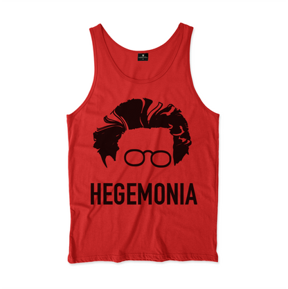 Camiseta Regata estampa: Cara de Antonio Gramsci desenhada apenas com o cabelo e seu óculos redondos. Abaixo está escrito: HEGEMONIA