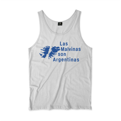 Camiseta Regata. estampa: À esquerda o mapa das Ilhas Malvinas. ã esquerda está escrito: Las Malvinas son Argentinas.