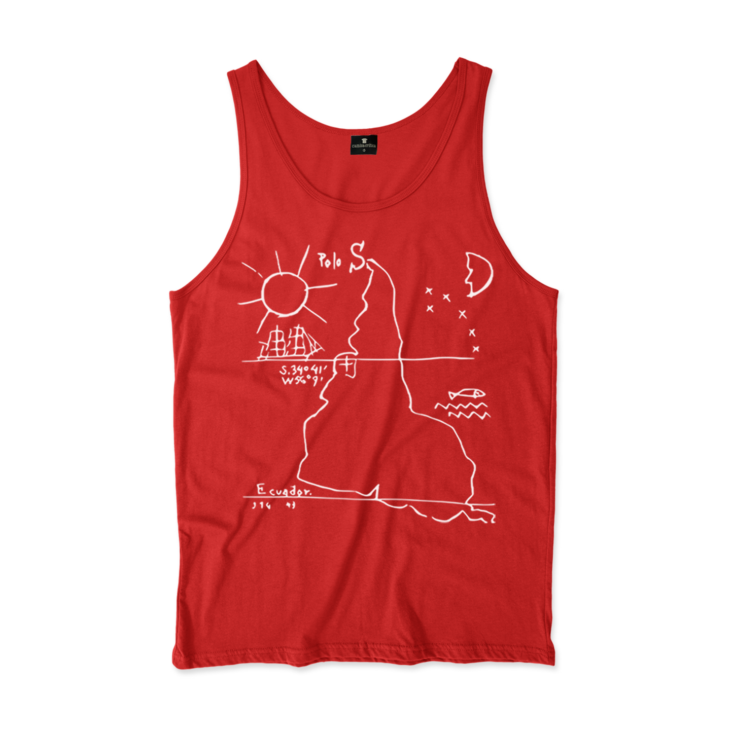 Camiseta Regata. Estampa: Mapa da América do Sul de cabeça pra baixo. Marcação do trópico de Capricórnia e a linha do Equador. Um sol à esquerda encima. Uma Lua e estrela à direita encima.