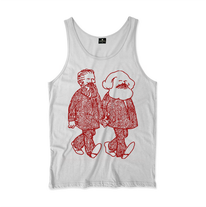 Camiseta Regata. Estampa: Marx e Engels caminham de mãos dadas.