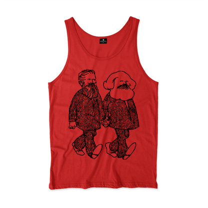 Camiseta Regata. Estampa: Marx e Engels caminham de mãos dadas.