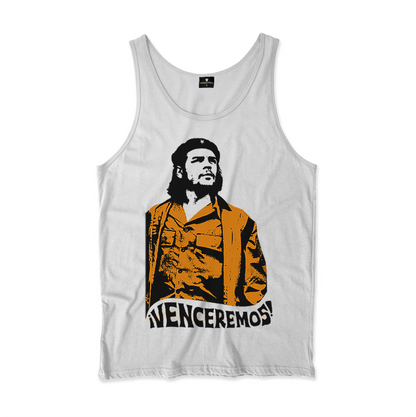 Camiseta Regata. Estampa: Che guevara de boina com texto: venceremos embaixo.